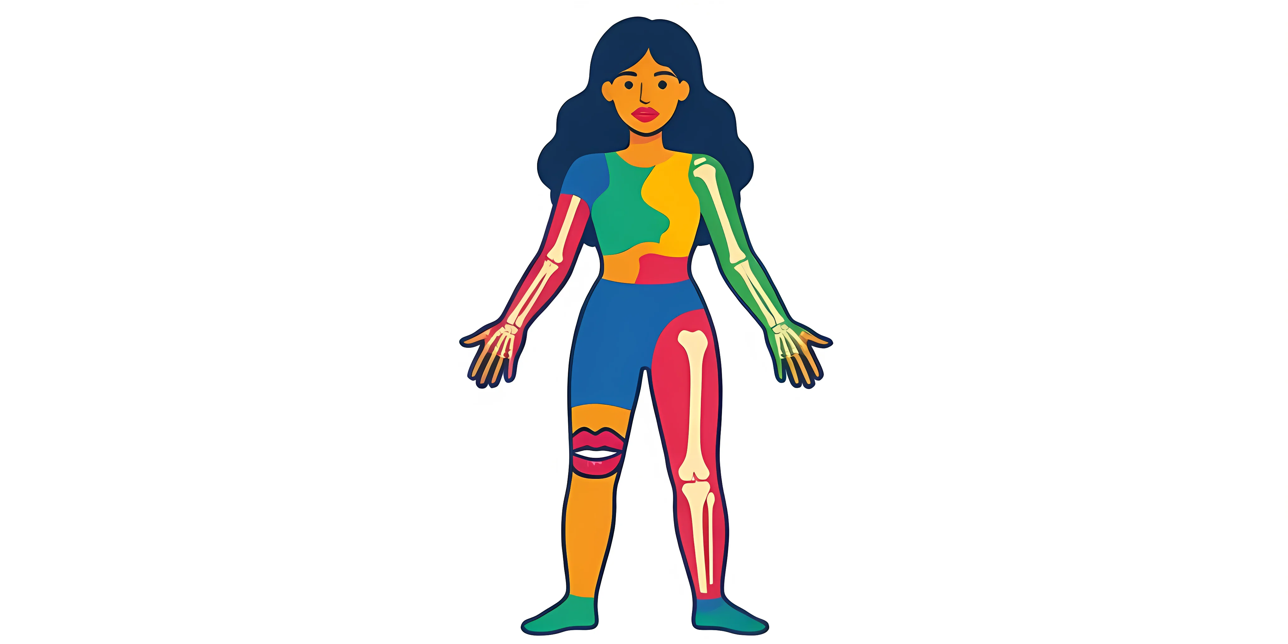 Full-body vector illustration with arms, fingers, knees, lips, and bones highlighted in contrasting colors