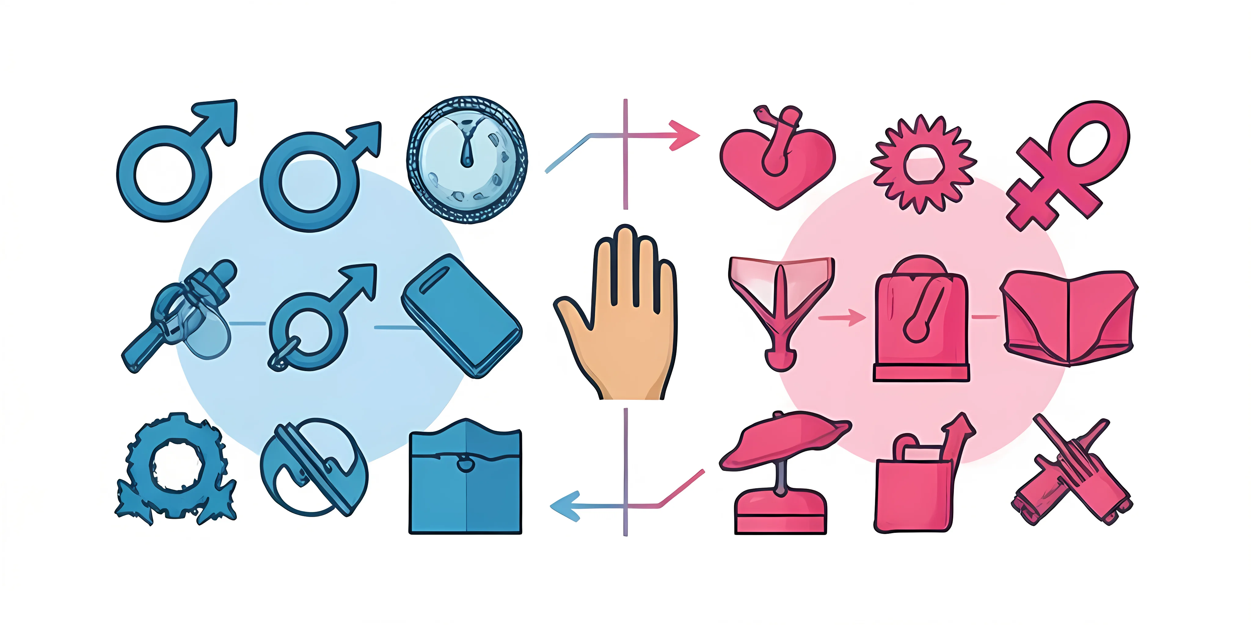 Two-column infographic diagram with masculine and feminine symbols and a hand icon bridging them as the exception