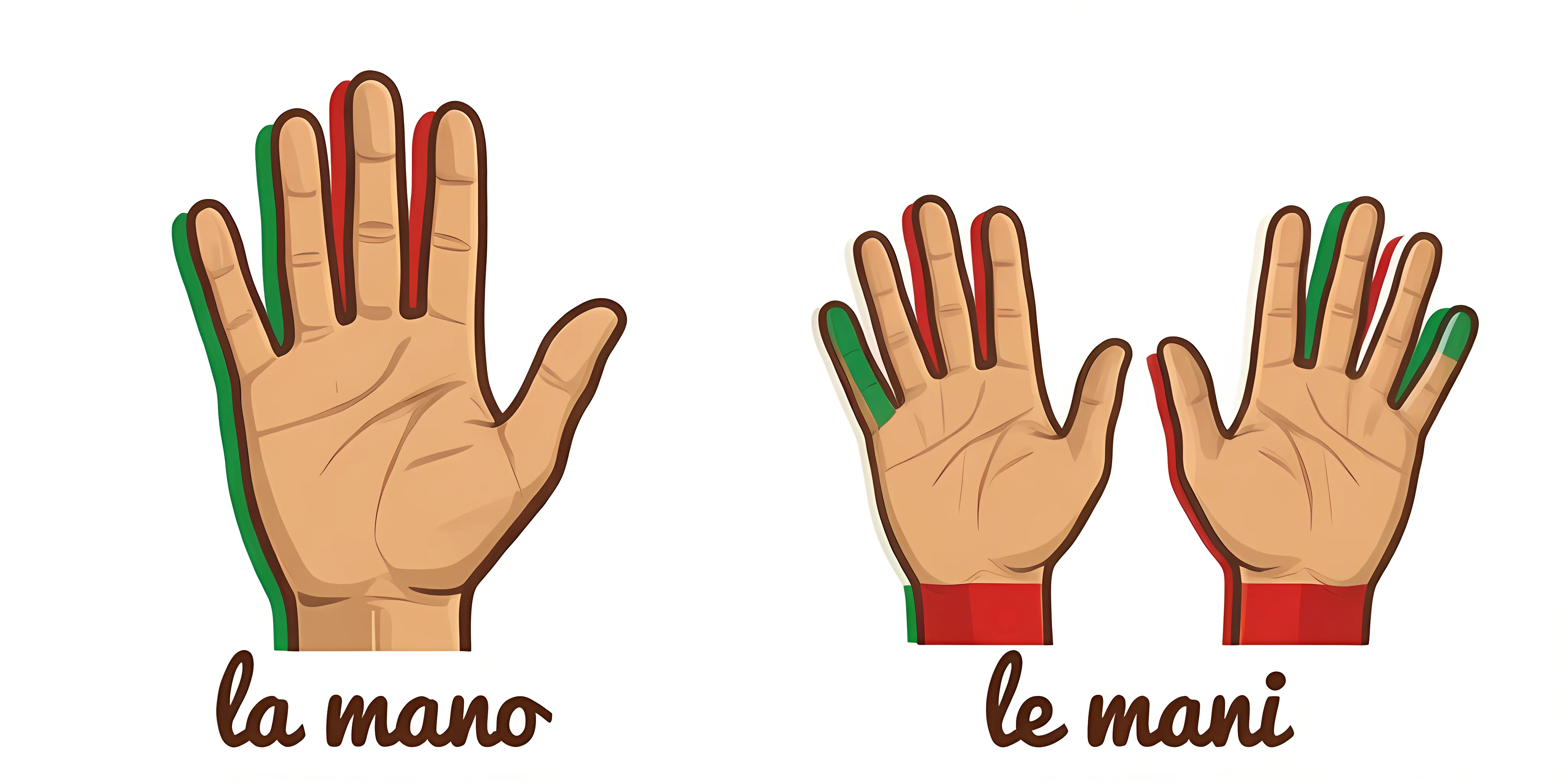 Flat vector illustration of a single hand on the left and two hands on the right with Italian flag color accents