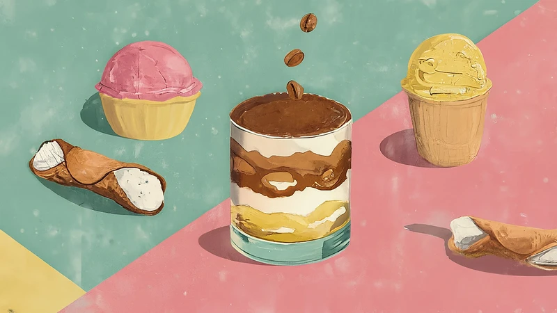 Whimsical illustration of Italian desserts: Tiramisù, cannolo, and gelato.