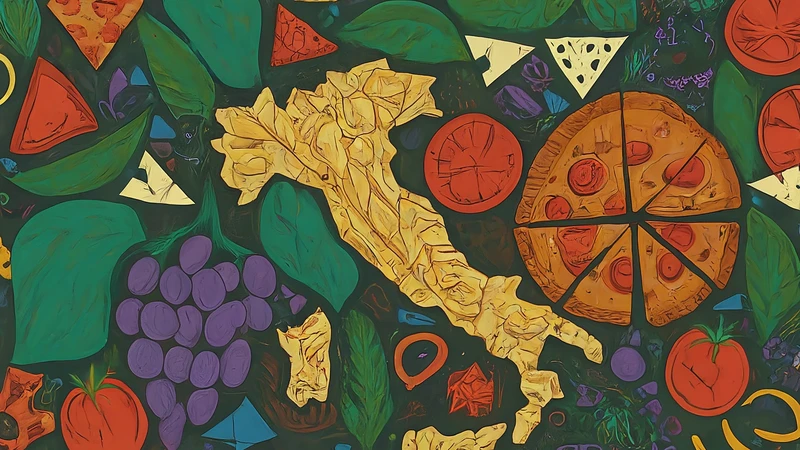 Whimsical map of Italy made from Italian food elements.