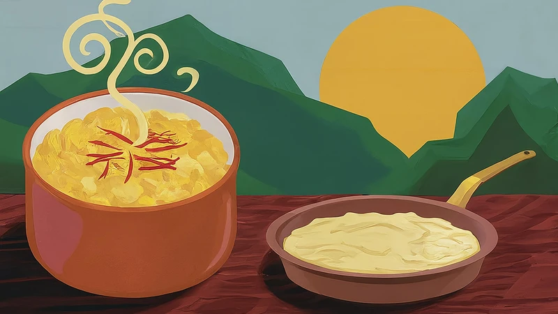 Illustration of steaming risotto and polenta with stylized mountains.