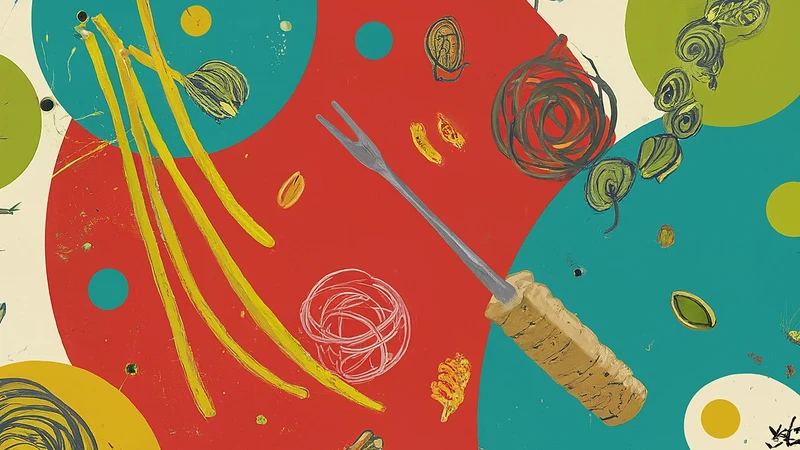 Hand-drawn pasta shapes like tagliatelle and orecchiette dancing around a rolling pin.