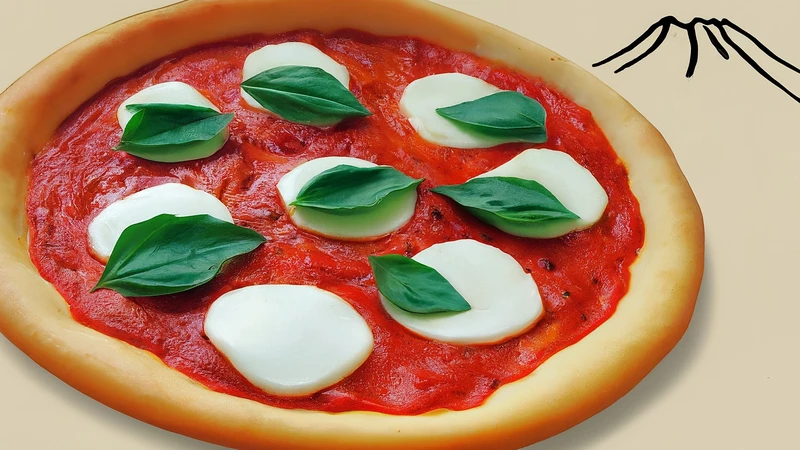 Stylized drawing of a Neapolitan Margherita pizza with geometric basil and mozzarella.