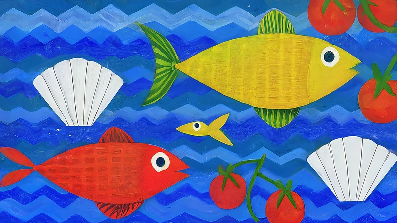 Vibrant illustration of Southern Italy coast with seafood, lemons, and tomatoes.