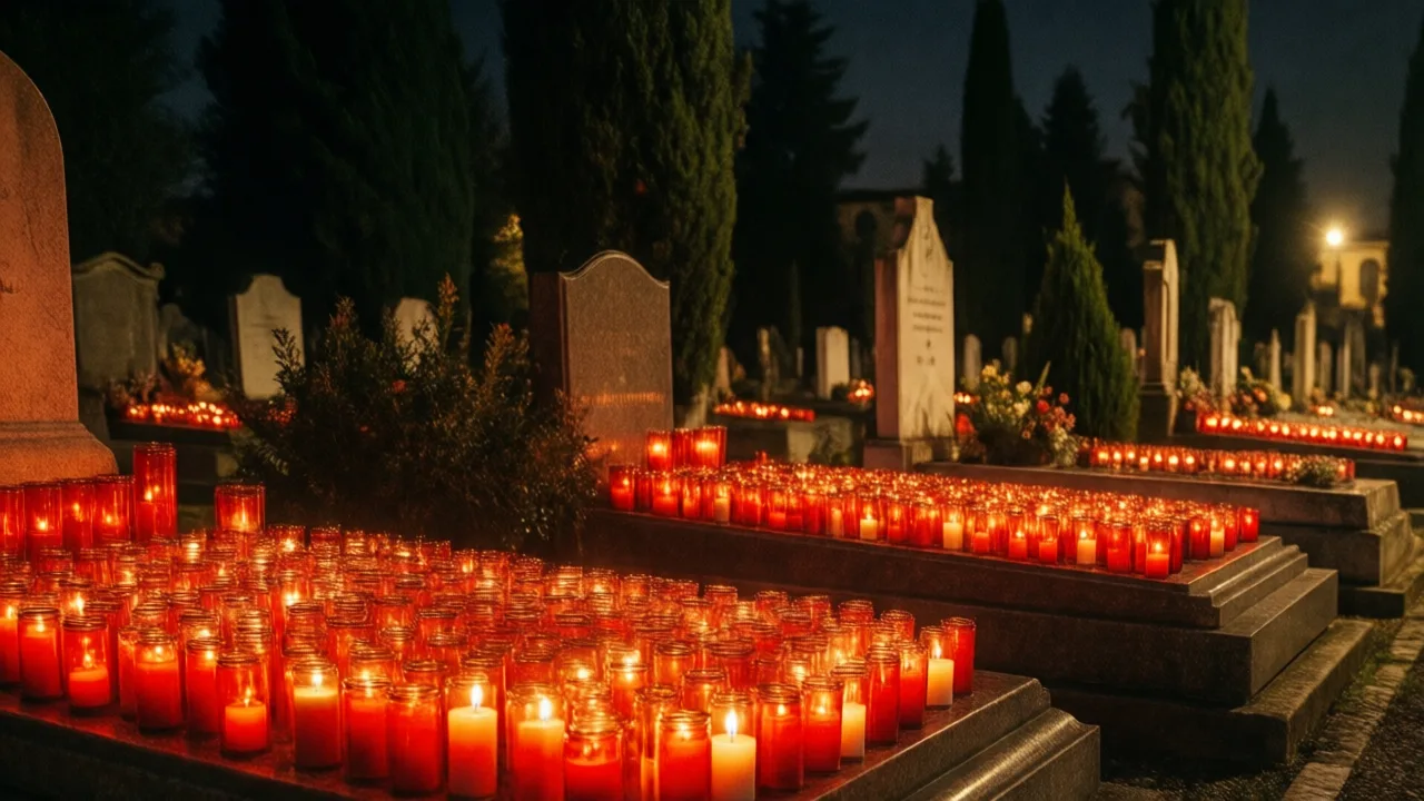 Cemetery glowing with red candles on All Saints night