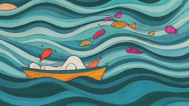 Whimsical illustration of a sleeping person missing jumping fish.