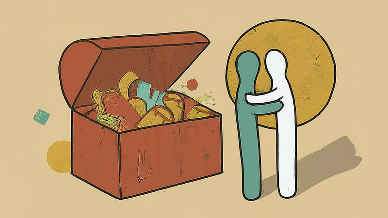 Whimsical illustration of friends finding a treasure chest.