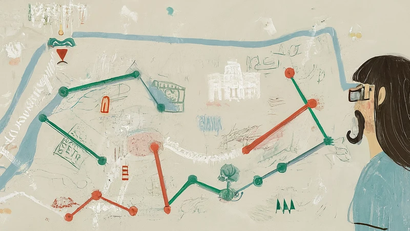 Confused character looking at 'Libreria' (bookshop) and 'Biblioteca' (library) signs