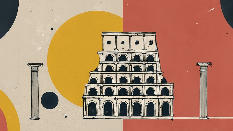 Whimsical cross-section showing layers of Roman history from ruins to Renaissance buildings with geometric accents.