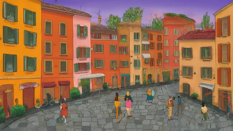 Whimsical illustration of Romans enjoying the passeggiata stroll with geometric building accents.