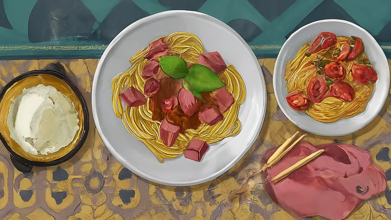 Playful illustration of classic Roman pasta dishes (Carbonara, Cacio e Pepe, Amatriciana) on a geometric patterned tablecloth.
