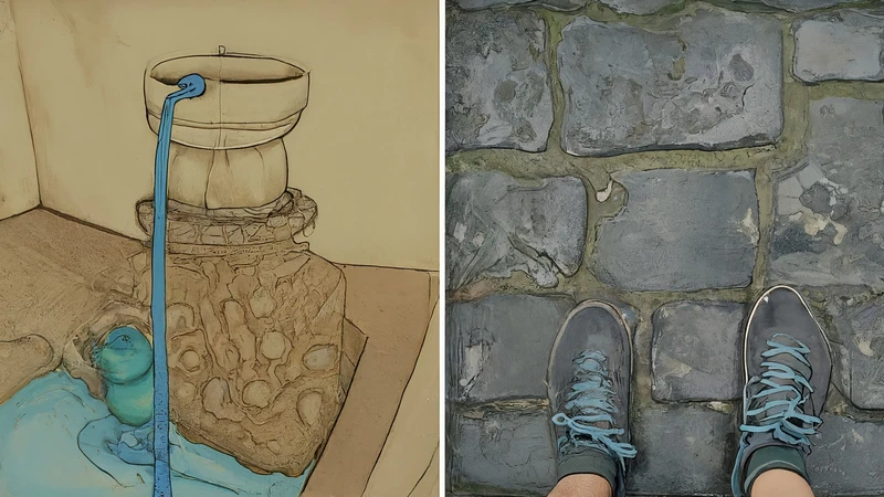 Whimsical illustration combining comfortable shoes on geometric cobblestones and a person using a 'nasone' fountain.