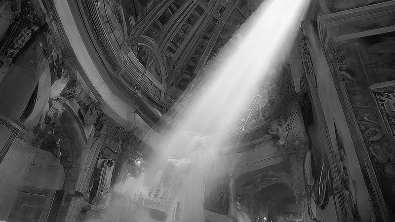 Whimsical hand-drawn interior view of St. Peter's Basilica dome with bold geometric light beams.